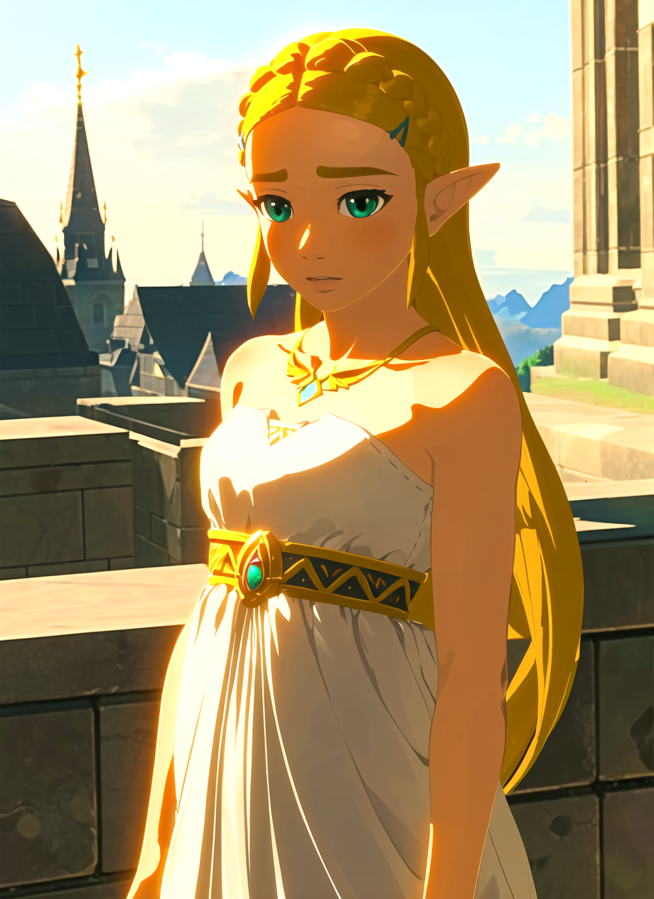 3978531152-471778439-botw style, princess zelda, 1girl, bangs, blonde hair, breasts, white dress, hair ornament, bare shoulders, green eyes, jewelry,.png